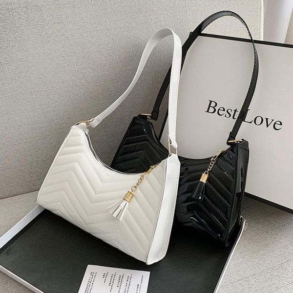 

evening bags fashion lacquer women's bag 2022 trend rhombus pu leather shoulder female simple zipper handbags casual tassel shopping