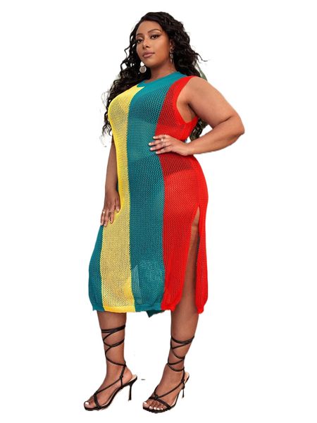 

plus colorblock split thigh sweater dress without lingerie i2jd#, Black