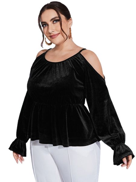 

plus cold shoulder flounce sleeve peplum hem velvet blouse l86r#, Black