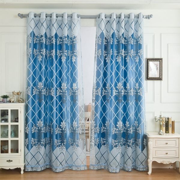 Tenda con perline di vetro Voile ricamato oscurante di lusso per soggiorno camera da letto Decorazione jacquard blu di qualità superiore W220421