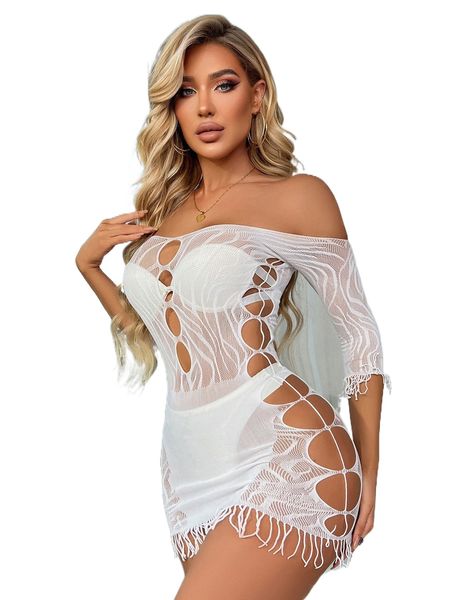 

mesh cut out fringe trim off shoulder bodycon dress without liner b27m#, Black;red