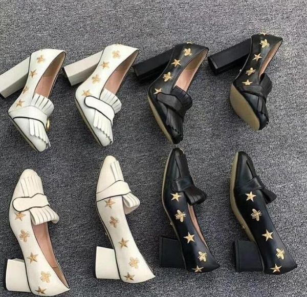 

high heels pump sandals embroidered designer marmont leather bee and star fringe pmps double tone hardware toe pumps chunky heel 5cm, Black