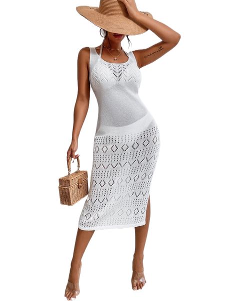 

hollow out split thigh cover up dress without bikini d25j#, White;black