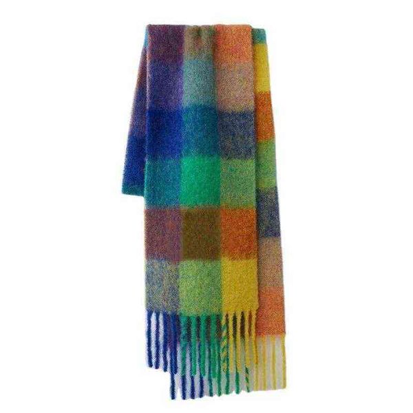 

2022 woven tassel nordic ac home lengthened imitation cashmere big rainbow scarf autumn and winter warm color plaid bib xwl, Blue;gray