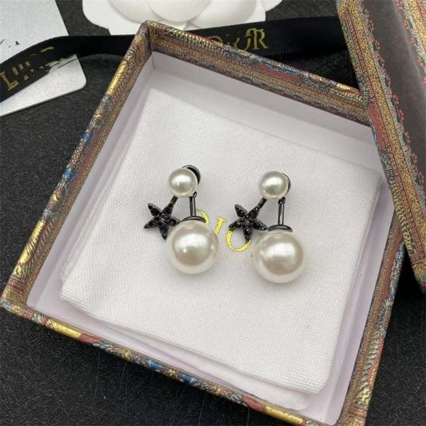 

shop 80% off clearance high version size pearl black diamond five pointed star earrings female light luxury fashion earrings, Golden