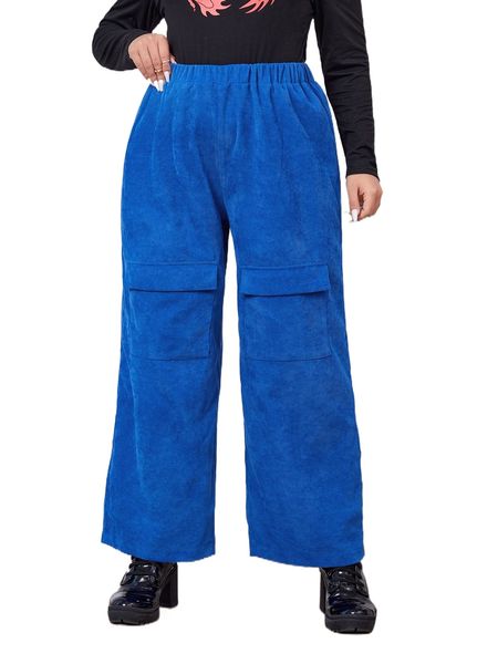 

plus solid flap pocket elastic waist corduroy pants 07bx#, Black