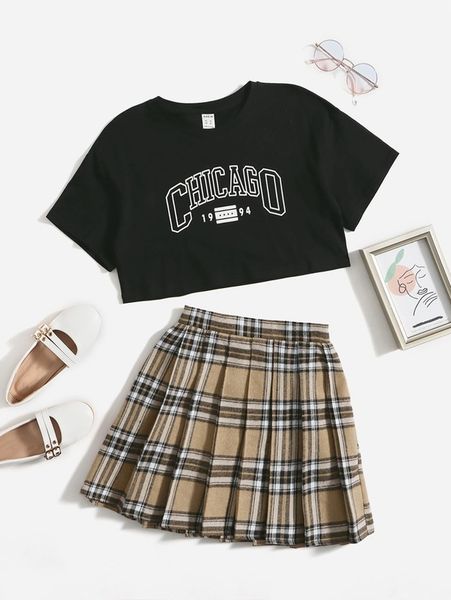 

girls letter graphic & plaid print pleated skirt she, White