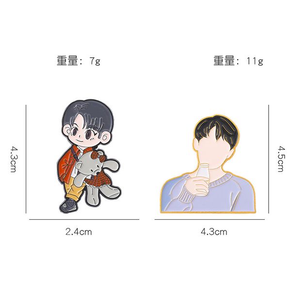 

cartoon cute boy holds doll and drinks milk big boy brooch enamel pin presents, Gray