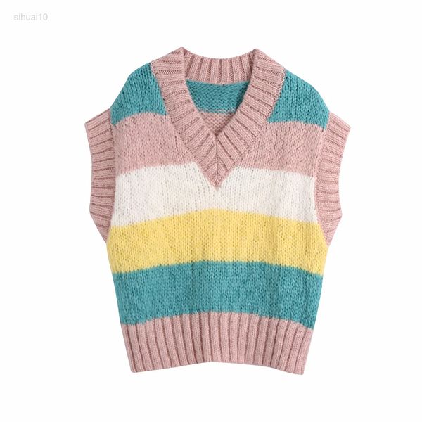 

women 2021 fashion color adjustment knitted vest sweater vintage sleeveless side splits female vest chic l220725, Black;white