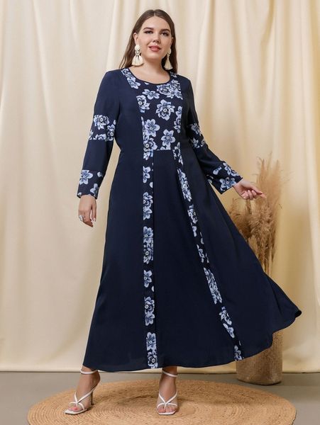 

plus floral print a-line dress w7ft#, Black