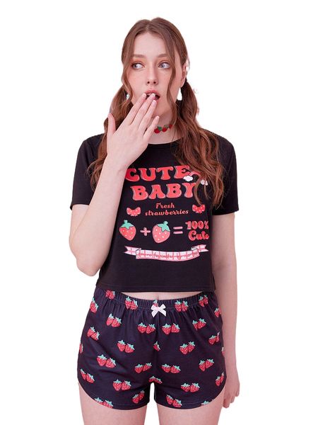 

kawaii letter strawberry graphic bow decor pajama set u1mv#, Black;red