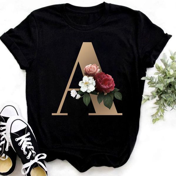 Combinazione di lettera di nome personalizzata Mastichi magliette da donna fiore a manica corta b c d e f g