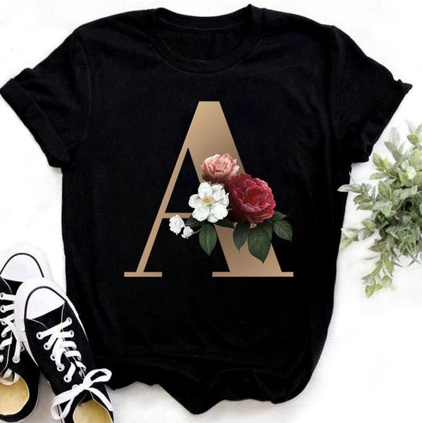 

custom name letter combination fashion t shirts women t-shirt flower a b c d e f g short sleeve, White