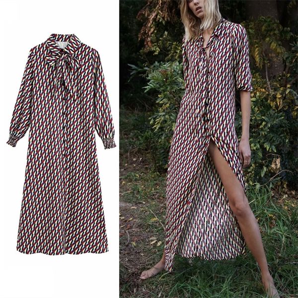 

women long za autumn print dress elegant midi dress tied lapel collar long sleeve elastic cuff female vintage dresses 210320, Black;gray