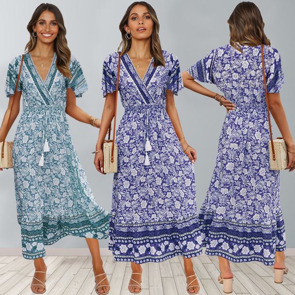 

foreign trade european american large size dress 2022 spring and summer new rayon retro printed dress beach midi skirt, White;black