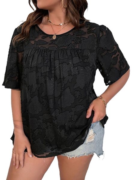 

plus jacquard puff sleeve blouse b370#, Black