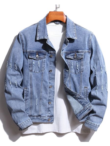 

men ripped slant pockets denim jacket without tee i2b5#, Black;brown