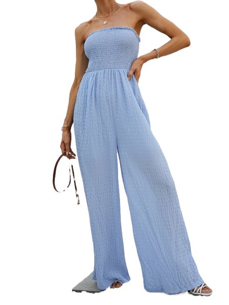 

shirred frill trim wide leg tube jumpsuit p4jp#, Black;white