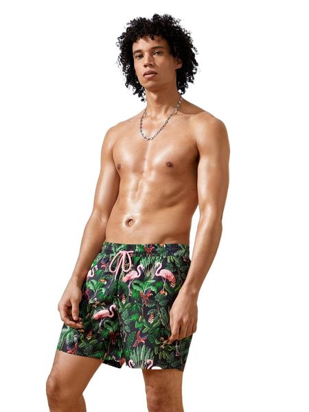 

men flamingo & tropical print drawstring waist shorts h5dc#, White;black
