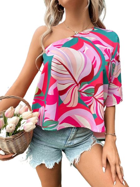 

floral print one shoulder batwing sleeve blouse l3iz#, White