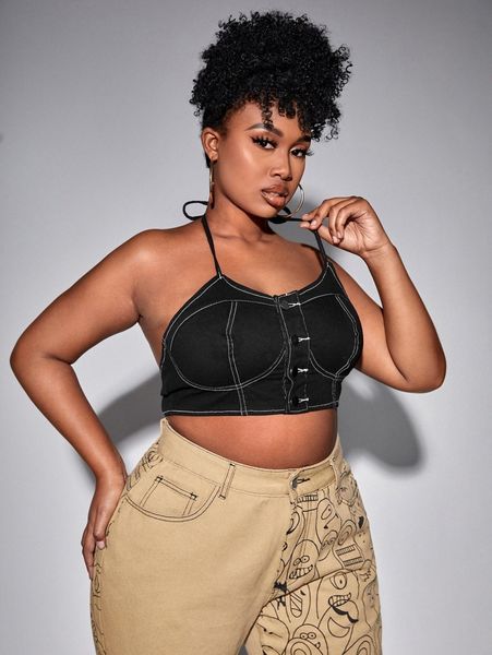 

sxy plus button front halter neck denim a24p#, White