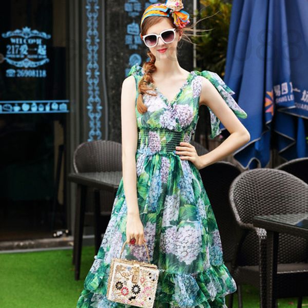 

casual dresses designer sell women's clothing spring and summer temperament slim dress chiffon printing folded flower waist multi-layer, Black;gray