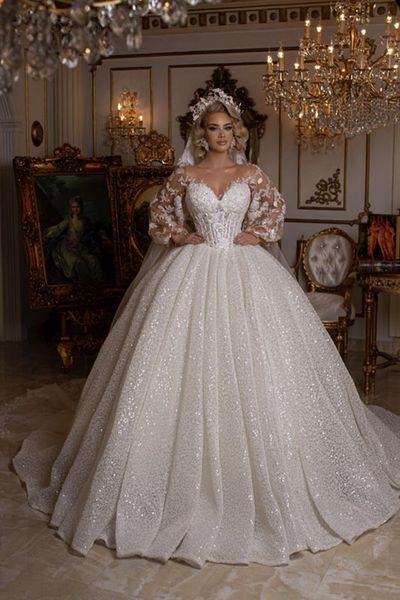 

luxurious sparkling ball gown wedding dresses long sleeves v neck sequins appliques lace ruffles train floor length bridal gowns plus size r, White