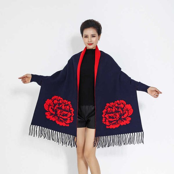 

shawl s autumn and winter double-sided thickened cape long large flower sleeved cashmere batman coat, Blue;gray