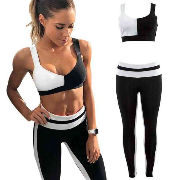 

yoga sport suit women gym clothes fitness running tracksuit black white patchwork sports bra sport leggings 2 piece set t220725, White;red