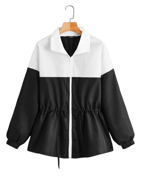 

two tone drawstring front windbreaker jacket w7ry#, Black;brown