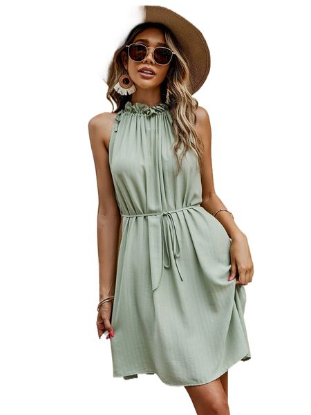 

ruffle neck tie shoulder belted dress m691#, Black;gray