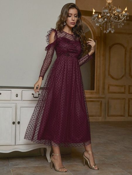 

floral embroidery ruffle trim cold shoulder polka dot mesh dress m2ef#, Black;gray