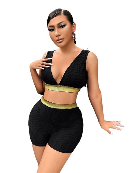 

sxy colorblock honeycomb textured tank & biker shorts k93o#, White
