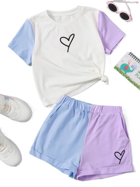 

plus heart print colorblock tee & tie front shorts j90w#, Black