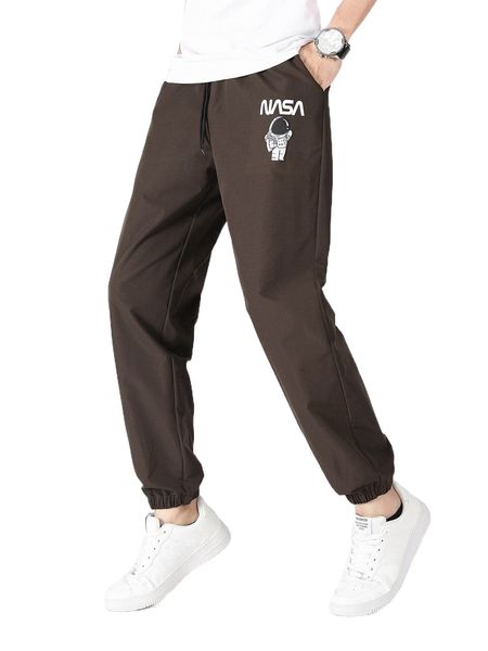 

men letter & astronaut print drawstring waist pants 13am#, Black