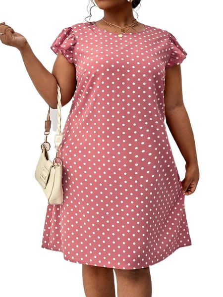 

plus polka dot print butterfly sleeve dress without belt m8eg#, Black