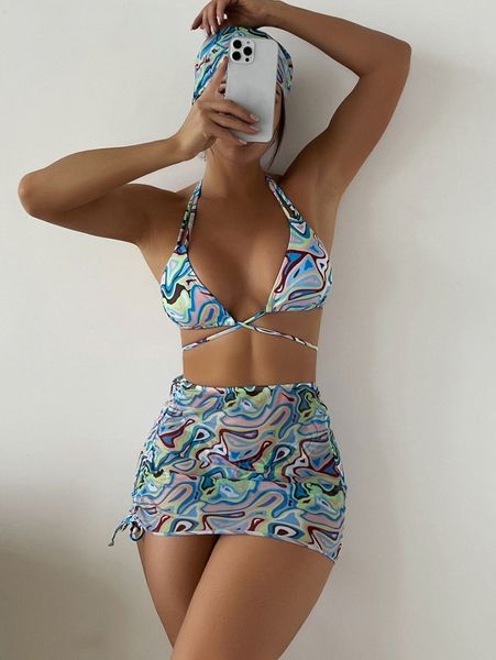 

allover print halter bikini swimsuit with beach skirt & bandana i1qb#, White;black