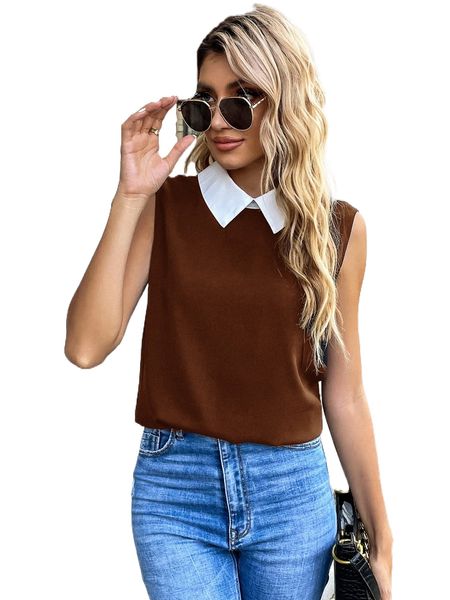 

contrast collar sleeveless blouse p3kr#, White