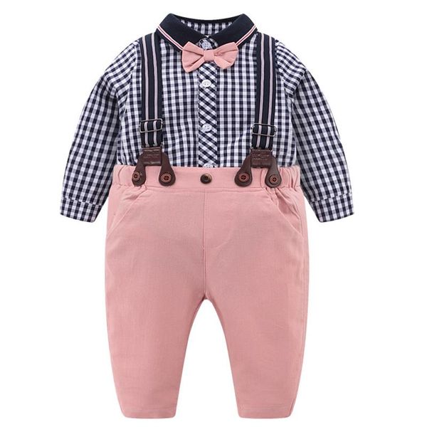 Kleidungssets Baby-Kleidung für Jungen, Gentleman-Anzug, Kleinkind-Geburtstagsparty-Kleid mit langen Ärmeln, Fliege, Hemd, Strampler, Hosenträger, Hose, 2-teiliges Set