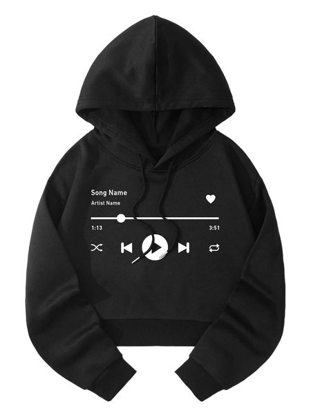 

letter & heart print drawstring front thermal lined sweatshirt 97hd#, Black