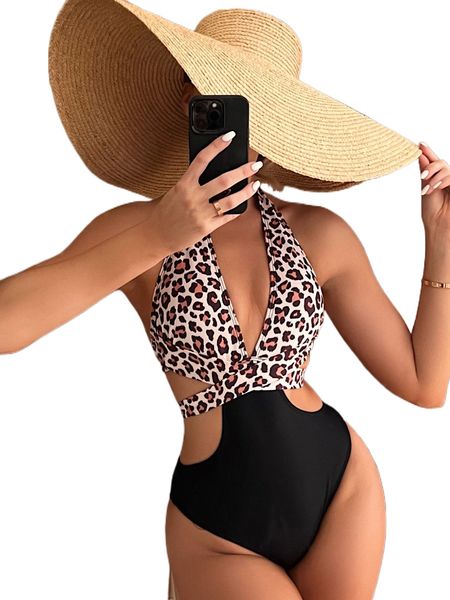 

leopard print tie back halter monokini l4vp#, White;black