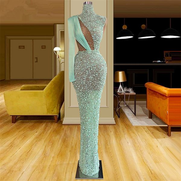 

mint green one shoulder prom dresses straight sequined evening dress custom made high neck beaded sweep train red carpet celebrity party gow, Black;red