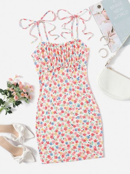 

tie shoulder floral allover print ruched bust cami dress s8d1#, Black;gray