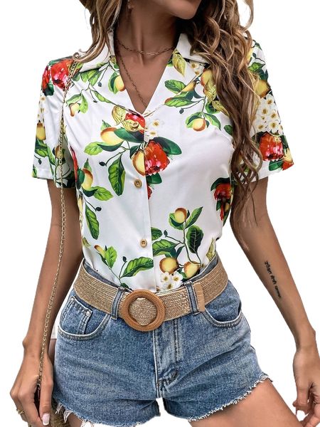 

fruit print lapel neck blouse h7cd#, White