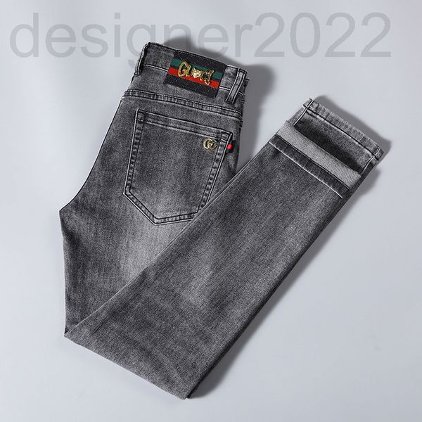 

men's jeans designer summer thin men's jeans korean version small foot slim fit cotton elastic special ashtray embroidery double g, Blue