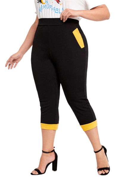 

plus color block capri pants z7n1#, Black