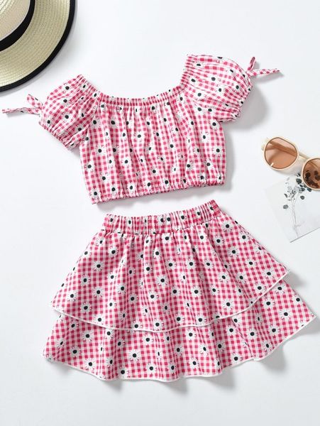 

toddler girls gingham & floral print puff sleeve & layered skirt she, White