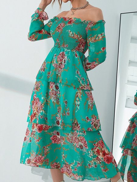 

floral print off shoulder shirred bust layered hem dress d7ia#, Black;gray