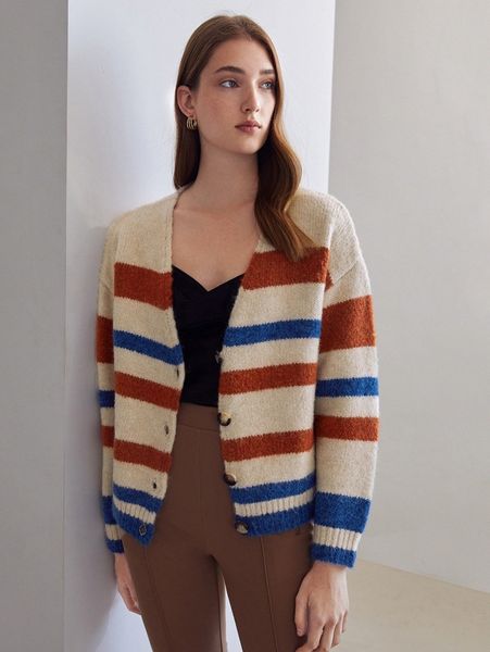 

motf premium wool mix striped cardigan a4i0#, White;black