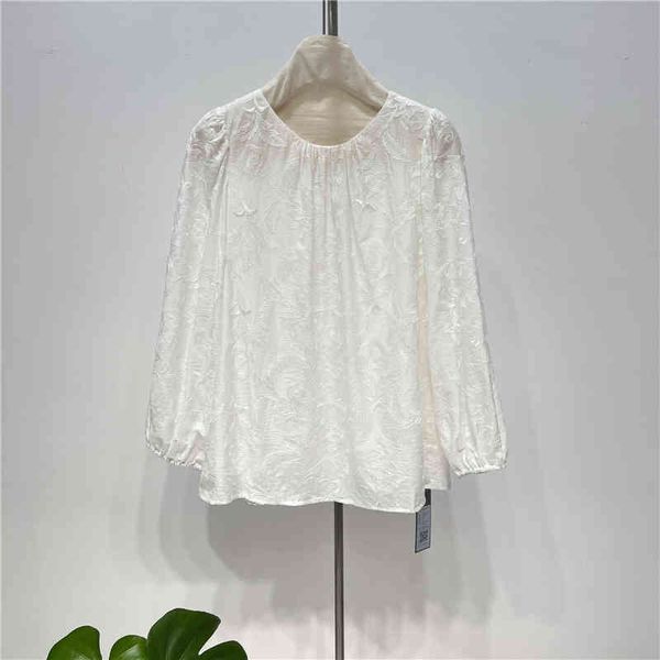 

women's polos early spring embroidered jacquard round neck fresh, sweet and versatile long sleeved women's shirt, White